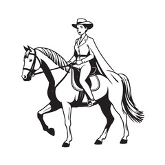 Black and white line art of a beautiful woman with perfect body riding horse elegant minimalist illustration