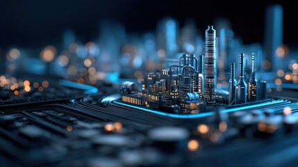 A futuristic cityscape on a circuit board, illuminated with blue lights, blending technology and urban design in a captivating digital scene.