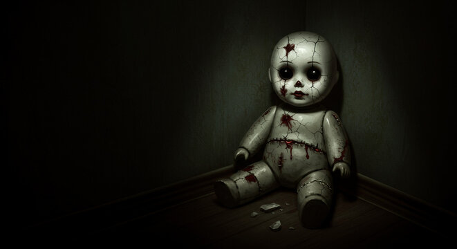 creepy doll with cracked porcelain face, sitting in dark corner, eerie Halloween horror style