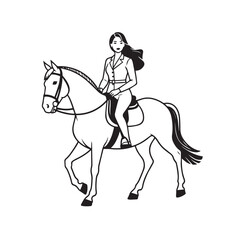 Black and white line art of a beautiful woman with perfect body riding horse elegant minimalist illustration