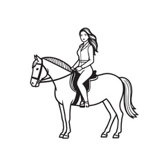 Black and white line art of a beautiful woman with perfect body riding horse elegant minimalist illustration