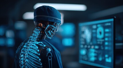 A futuristic robotic surgeon with a transparent skeleton and advanced digital screens in a high-tech environment.