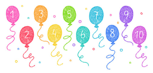 Crayon rainbow balloons with numbers for birthday party. Red, yellow, green, blue inflatable helium balloons with digits from 1 to 10 with chalk texture, vector sketch illustration