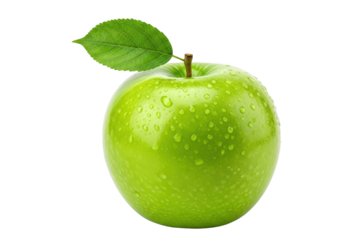 Fresh green granny smith apple with water droplets isolated on transparent background