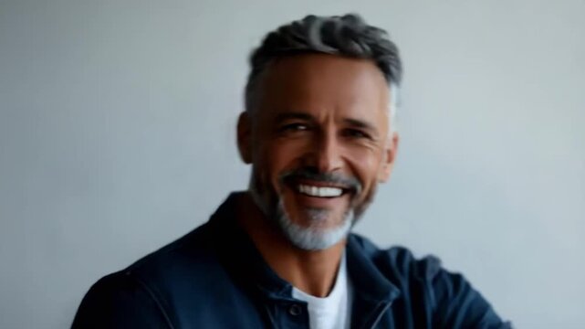 Smiling middle-aged man with gray hair and a trimmed beard, wearing a dark denim jacket, posing against a light gray wall.