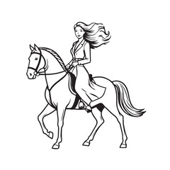 Black and white line art of a beautiful woman with perfect body riding horse elegant minimalist illustration