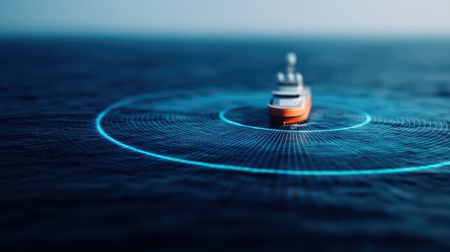 A digital depiction of a ship navigating the ocean, surrounded by concentric circles indicating sonar or radar waves. - Powered by Adobe