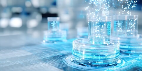 A futuristic digital interface showcasing holographic data and transparent containers with glowing elements representing advanced technology.