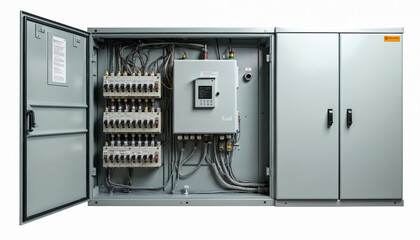 Industrial electrical control panel with open door revealing breakers, fuses, and wiring. Metal cabinet houses automation system components for power distribution and energy management.