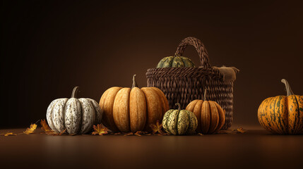 Pumpkins and gourds in still life artwork for Thanksgiving holiday. 