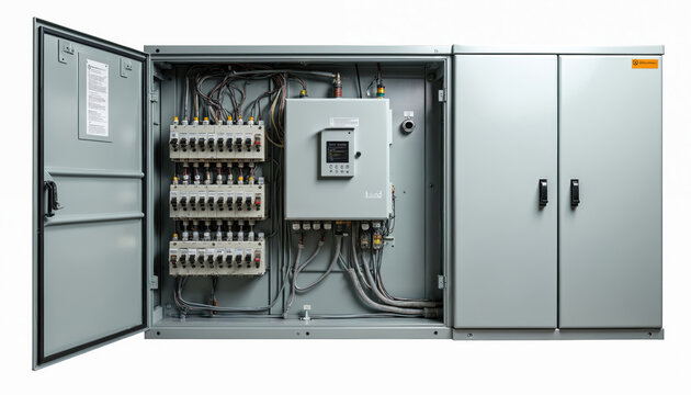 Industrial electrical control panel with open door revealing breakers, fuses, and wiring. Metal cabinet houses automation system components for power distribution and energy management.