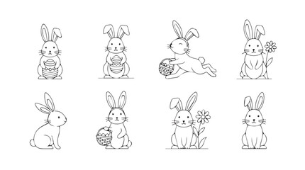 Collection of eight whimsical hand-drawn easter bunny outlines for coloring and design projects silhouette