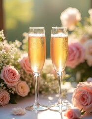 Two glasses of mimosa sparkle with celebratory joy amidst pastel flowers, capturing delightful brunch moment. Sparkling wine in flutes, alcohol beverage, food, garden setting. Spring summer party,