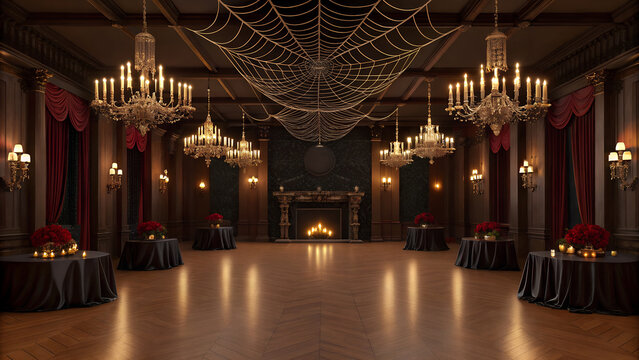 Opulent ballroom with chandeliers and spiderwebs for a halloween themed event or party setting