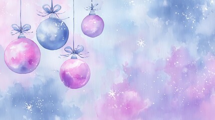 Fototapeta premium Watercolor Christmas Ornament Background with Pastel Colors, Snowflakes and Copy Space for Holiday Season Greetings and Festive Designs, watercolor