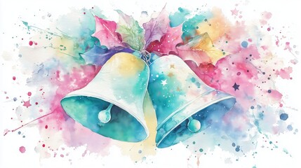 Watercolor Christmas Bells with Holly Leaves, Festive Holiday Illustration with Colorful Splashes and Delicate Details, Perfect for Greeting Cards and, watercolor
