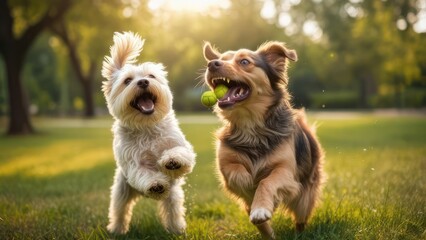 Two dogs play fetch in a sunny park