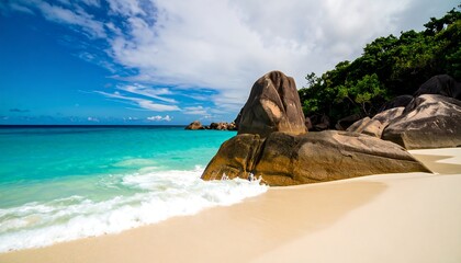 Tropical beach with turquoise water and large rocks