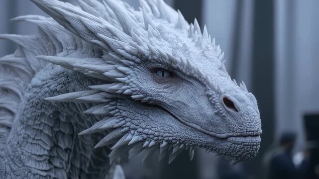 Majestic white dragon soaring through a misty forest landscape, exhibiting intricate scales and fierce expression against a backdrop of towering trees and soft fog