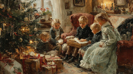 The artwork portrays a gathering of children in an interior setting, likely during a holiday celebration. A festively decorated tree stands to the left, with wrapped items placed underneath