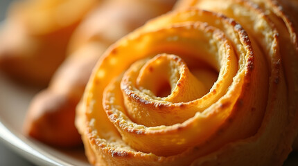 Fototapeta premium Macro view of croissant layers, crispy golden texture, soft buttery details.