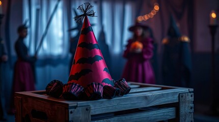 Naklejka premium Halloween themed Party hat with bat print and silhouettes of people
