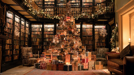 The image shows a warm, inviting room that appears to be a well stocked library, complete with floor to ceiling shelves filled with numerous volumes