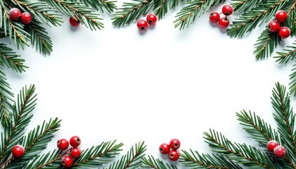 Frozen pine & berry garland border, clean white background , minimalist, card