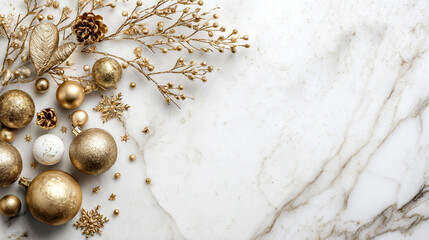 The scene features festive ornaments arranged on a surface with a marbled pattern. Gold colored spheres of various sizes are scattered alongside gilded snowflakes and small cones