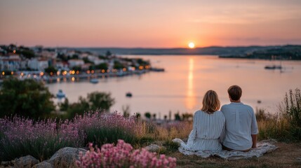 Couple Silhouetted Against Orange Sunset Over Bay with Distant City Lights and Lavender Flowers in Foreground