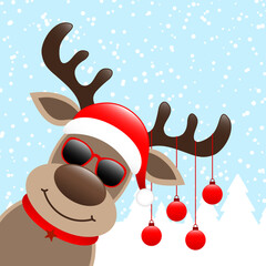 Diagonales Rentier Sonnenbrille mit Vier Weihnachtskugeln Wald Schnee Blau