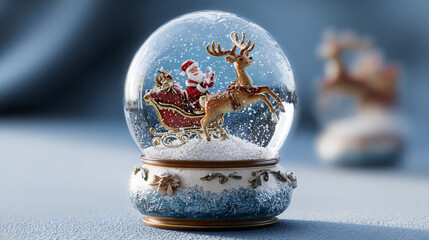 The image shows a snow globe with a holiday theme. Inside the globe, there is a figure dressed in red riding in a sleigh being pulled by a single reindeer. Fake snow is scattered around the figures