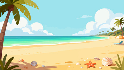 Summer beach background picture, hand-drawn vector illustration, game art scene