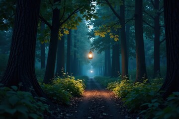 Fototapeta premium Narrow forest lane, lantern glows ahead; leaves frame path, single light source, trees