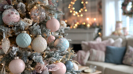 The scene is an interior room decorated for a celebration, focusing on a tree heavily adorned with pastel ornaments and faux snow