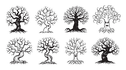 Collection of stylized bare winter trees with intricate root systems detailed black and white art silhouette