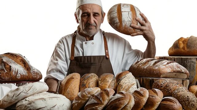A person dressed as a chef, holding a loaf of bread for baking or display