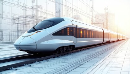 Fototapeta premium Futuristic train design illustrated on architectural blueprint. Modern transportation innovation, engineering excellence, conceptual mobility, railway system progress, urban infrastructure