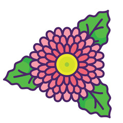 A pink chrysanthemum with green leaves in a triangular arrangement
