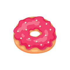 A pink frosted donut with white sprinkles on a white background
