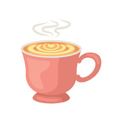 A pink mug of coffee with a heartshaped latte art and steam