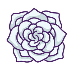 A pale blue and white stylized succulent with purple outlines