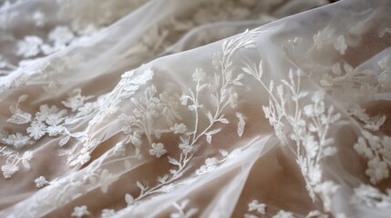 Obraz premium Ivory Tulle with Delicate Embroidery, Semi-Transparent Mesh and Soft Fabric Movement