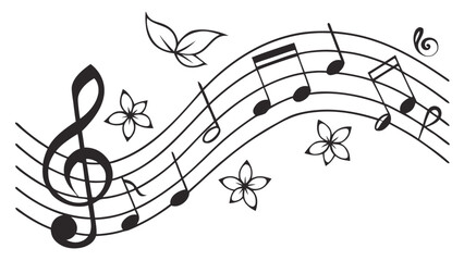 Illustration of musical notes on a staff with flowers and leaves in a decorative black and white design