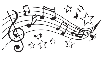 Musical score with treble clef notes on staff lines and stars floating around in black and white style