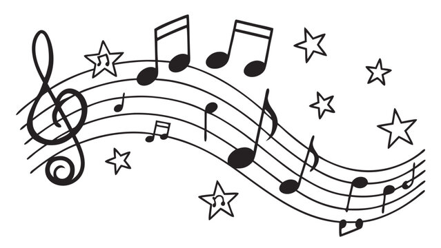 Musical notes and stars on staff lines creating a joyful and whimsical musical graphic design element