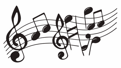 Illustration of musical notes and clefs arranged on a staff with a white background in a graphic style
