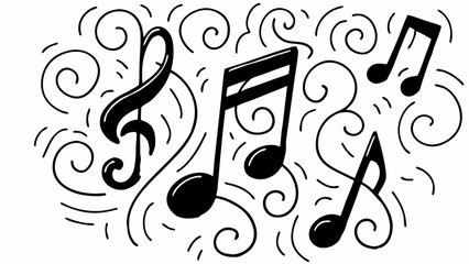 Black and white musical notes with treble clef and swirls in a decorative arrangement for music lovers