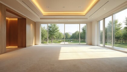 Spacious modern ballroom offers garden view through large windows. Elegant event venue features bright open interior, warm wood accents, plush carpet floor, serene landscape outside. Perfect for