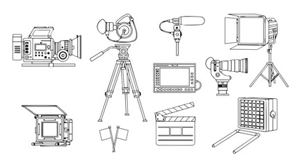 Collection of hand drawn film and photography equipment for creative projects silhouette